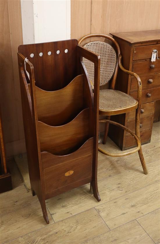 An Edwardian inlaid mahogany paper stand and a caned bentwood childs high chair Stand H.98cm